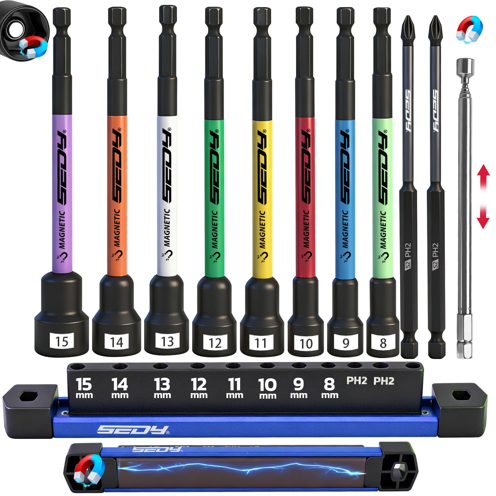 Photo 1 of 11PCS Magnetic Extra Long Nut Driver Set, Metric 8-15mm, 6" Impact Nut Drivers with PH2 Bits, 1.5lb Telescoping Magnetic Pickup Tool & Storage Rail, 1/4" Hex Shank, S2 Steel for Automotive Home Repair