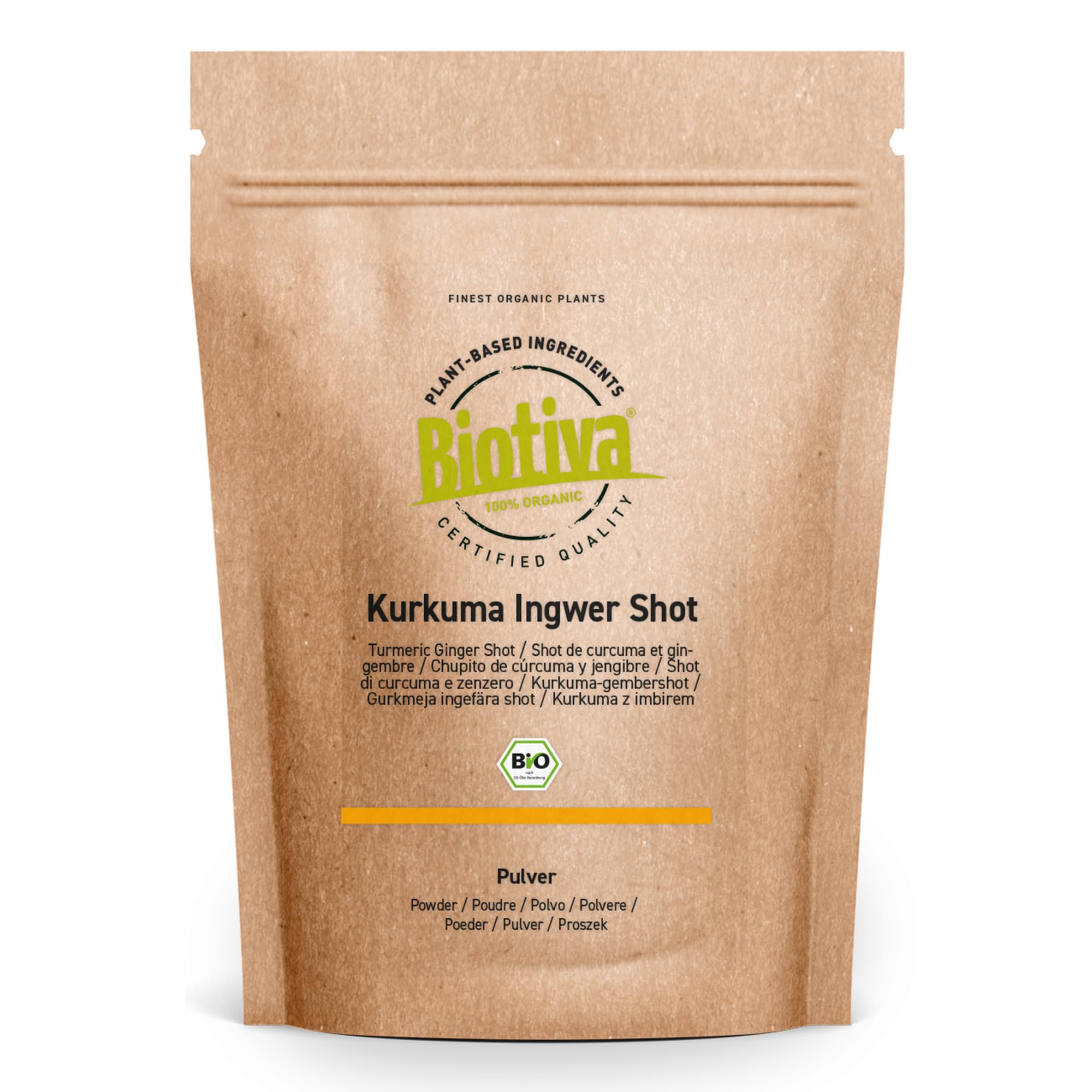 Kurkuma-Ingwer Shot Bio 200g - Kurkuma-, Ingwer-, Zimt-Pulver & Schwarzer Pfeffer (gemahlen) - Abgefüllt und kontrolliert in Deutschland - Biotiva