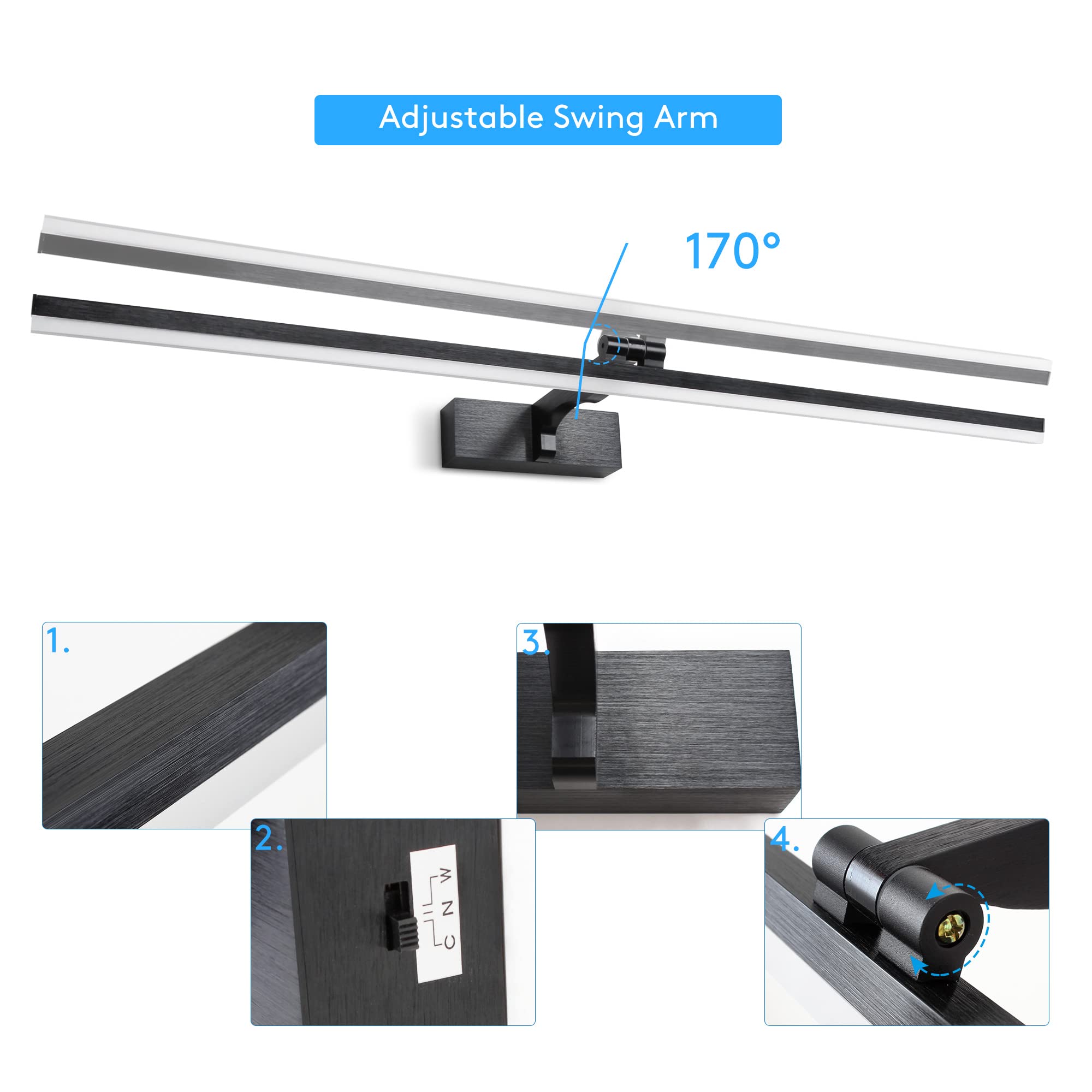 MantoLite Einstellbare Farbtemperatur Bild Wandleuchten, 16W 80CM Schwarz Waschtisch Badezimmer Verstellbarer Wandleuchter Beleuchtung Fixture Nachttisch Kosmetikspiegel Licht 3000K/4500K/6000K