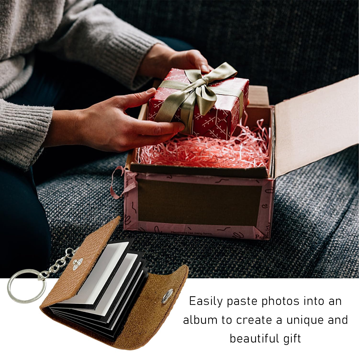 1 mini álbum de fotos, llavero para álbum de fotos pequeño, llavero personalizado de cuero, álbum de fotos autoadhesivo, llavero para familia, pareja (marrón)