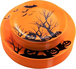 WELLIFE 60Pcs Halloween Party Plates, Disposable Plastic Supplies Set, Includes: 30 Orange Dinner Plates 10.25inch, 30 Salad Plates 7.5inch, Suitable for Halloween & Party