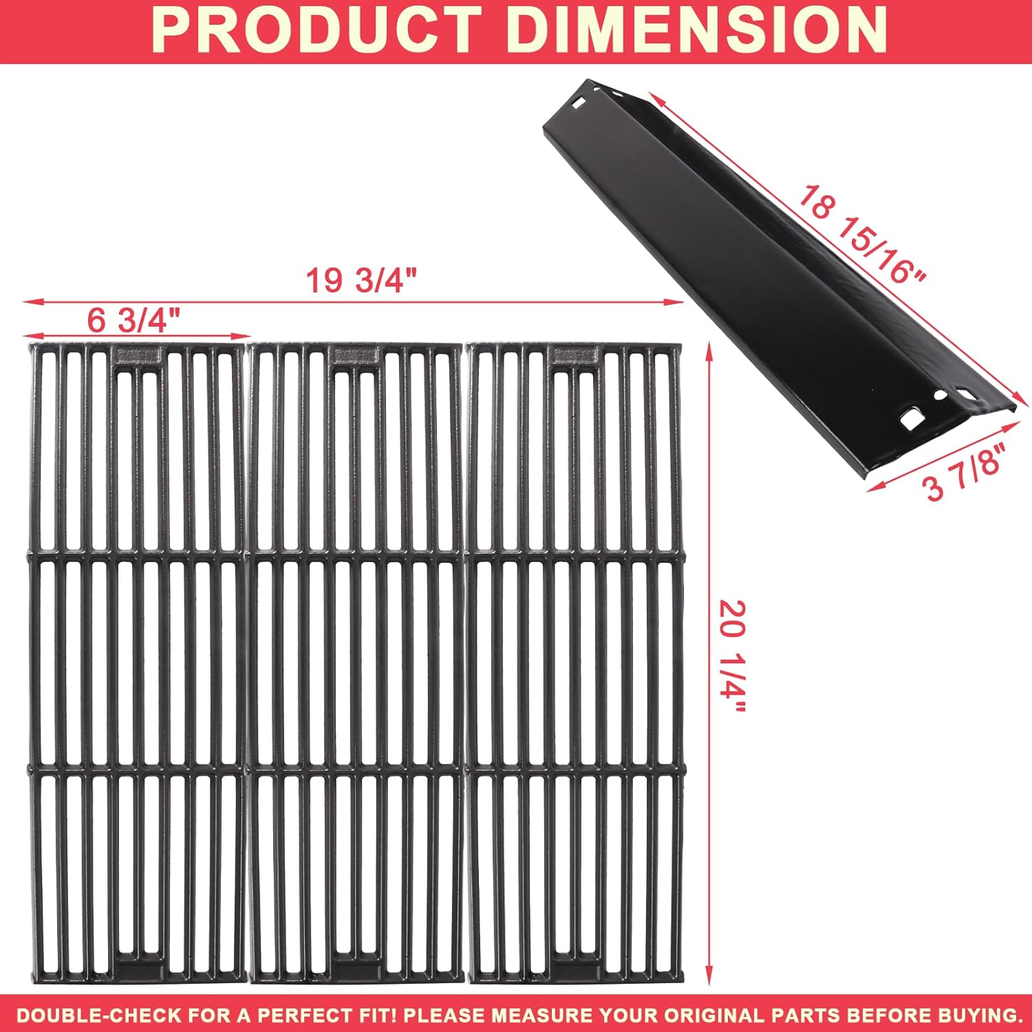 Grill Replacement Parts for Chargriller 5050 4000 4208 3725 3030 2121 2828 2123 2222 3001 9020 Parts, for King Griller 3008 5252, Cast Iron Grates Porcelain Heat Plates for Char Griller Accessories