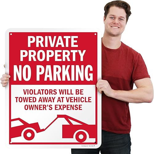 Miniatura 35 de SmartSign Letrero de metal con texto en inglés "Private Property No Parking - Vehicles Towed At Owner's Expense", aluminio de 40 mil