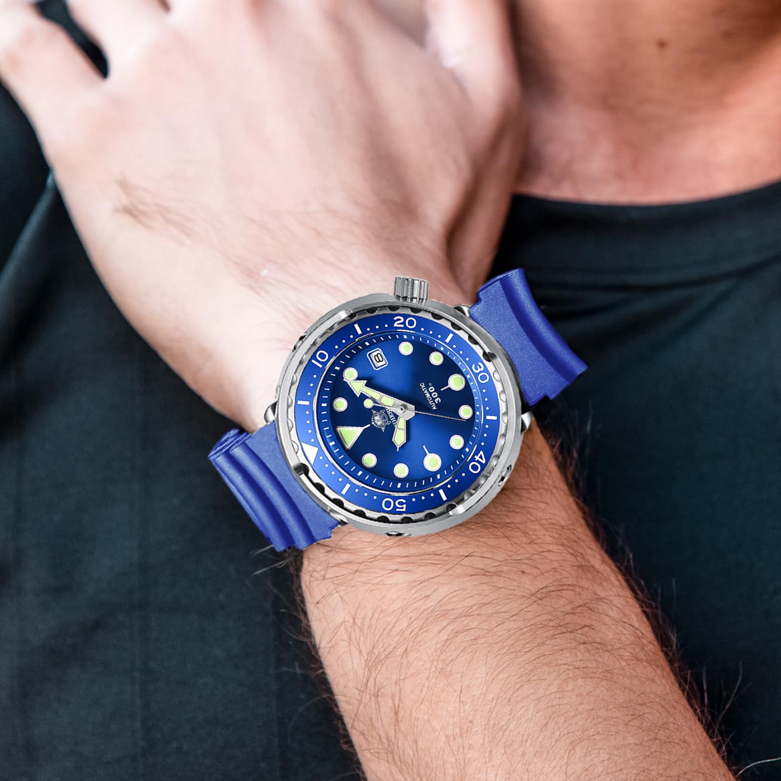 ADDIESDIVE Montre de plongée automatique pour homme NH35 étanche à 300 m de diamètre avec miroir en cristal saphir et cadran suisse lumineux de 47,5 mm, bleu, Montre de plongée, plongeur, mécanique