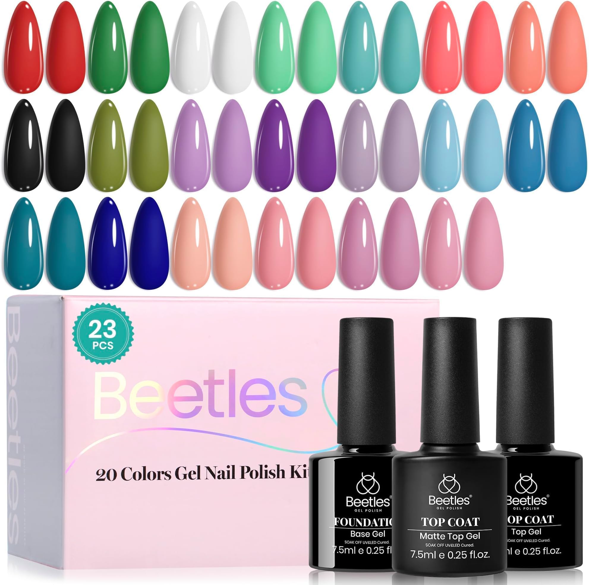 Beetles Gel Nail Polish Set - 23pcs Gel Polish Set Summer Colors, 20 Colors Pink Green Blue Uv Gel Polish with Base Top Coat, All Season Manicure Tools for Beginners Nail Art Home