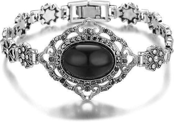 Black Bracelets Onyx Marcasite Cuff Bangle for Women Infinity Bracelets Jewelry with Clasp Gifts for Her