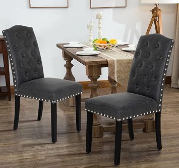 MAISON ARTS Faux Leather Dining Chairs Set of 2, Upholstered Tufted Dining Room Chair with Nailhead Trim & Solid Wood Legs Modern Kitchen Parsons Chairs for Diner, Black