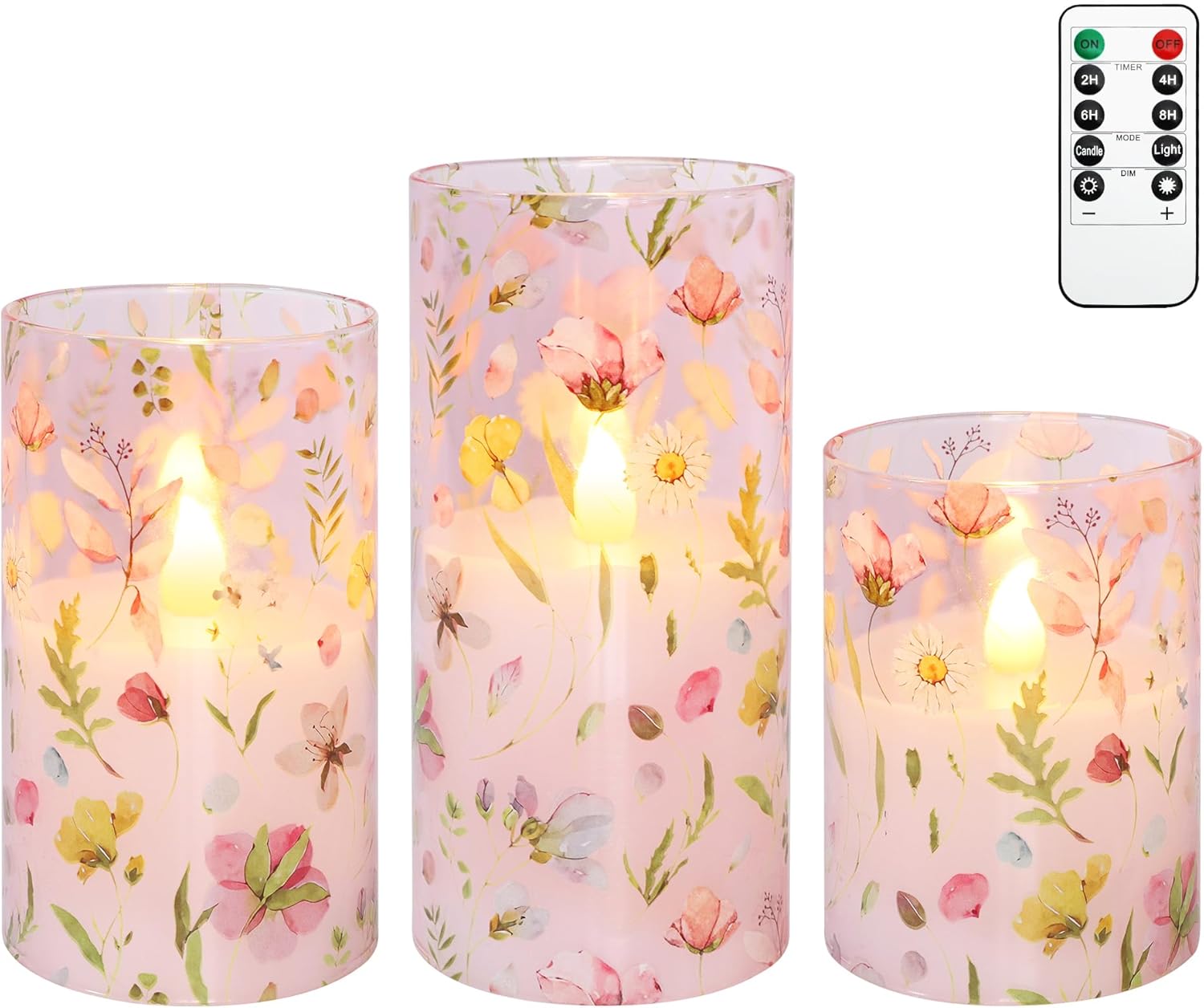 Silverstro Pink Flameless Candles with Remote Timer, Glass Battery Operated Candles, Pink Flower Decals LED Candles for Home Party Wedding Mother's Day Thanksgiving Decor Set of 3