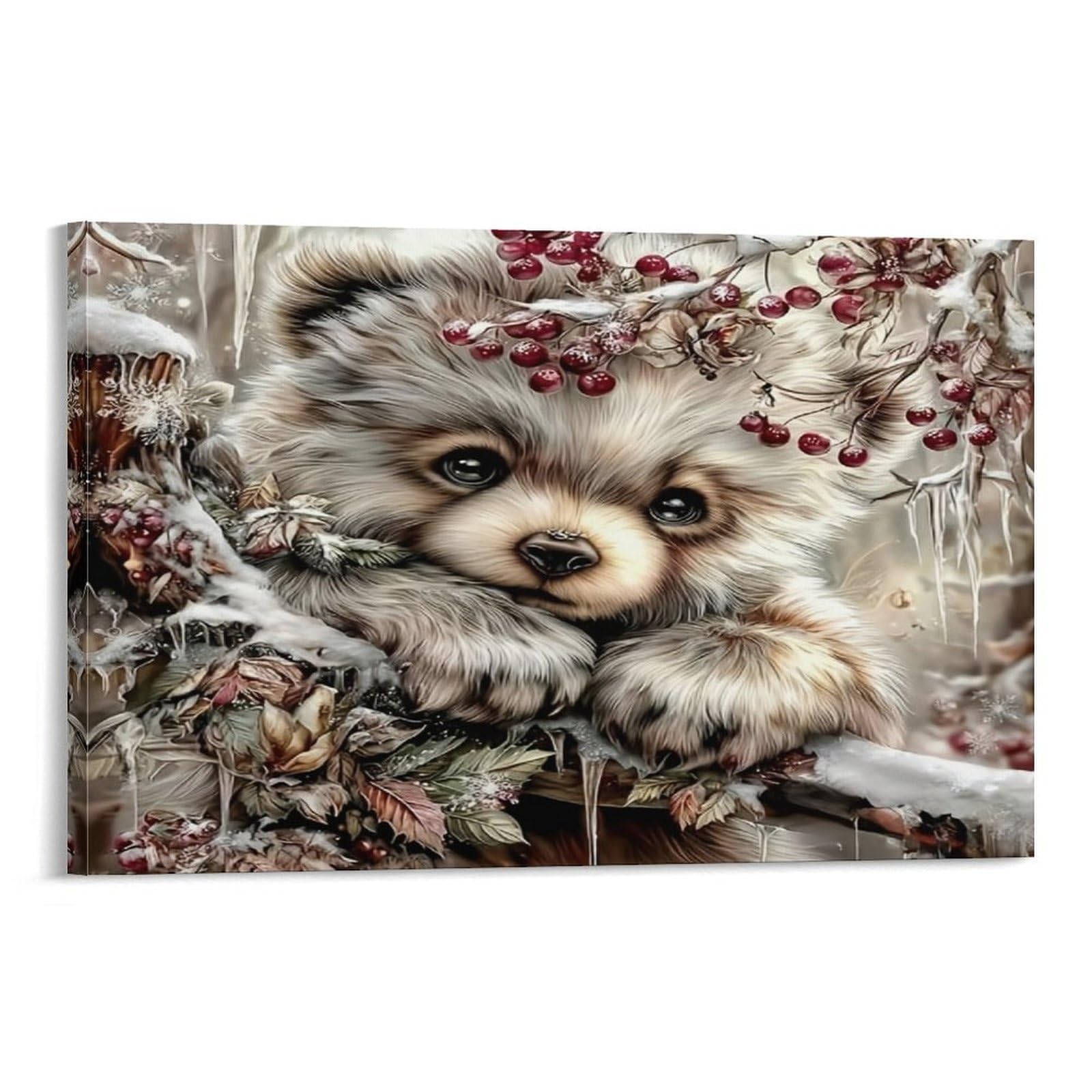 CPLVKWRQJ Cute Bear Winter Scene Single Piece Fluffy Puppy Winter Berry Twigs Canvas Wall Art - Housewarming Gift Bedroom Canvas Painting Ready to Hang Decor 12x18inch(30x45cm)