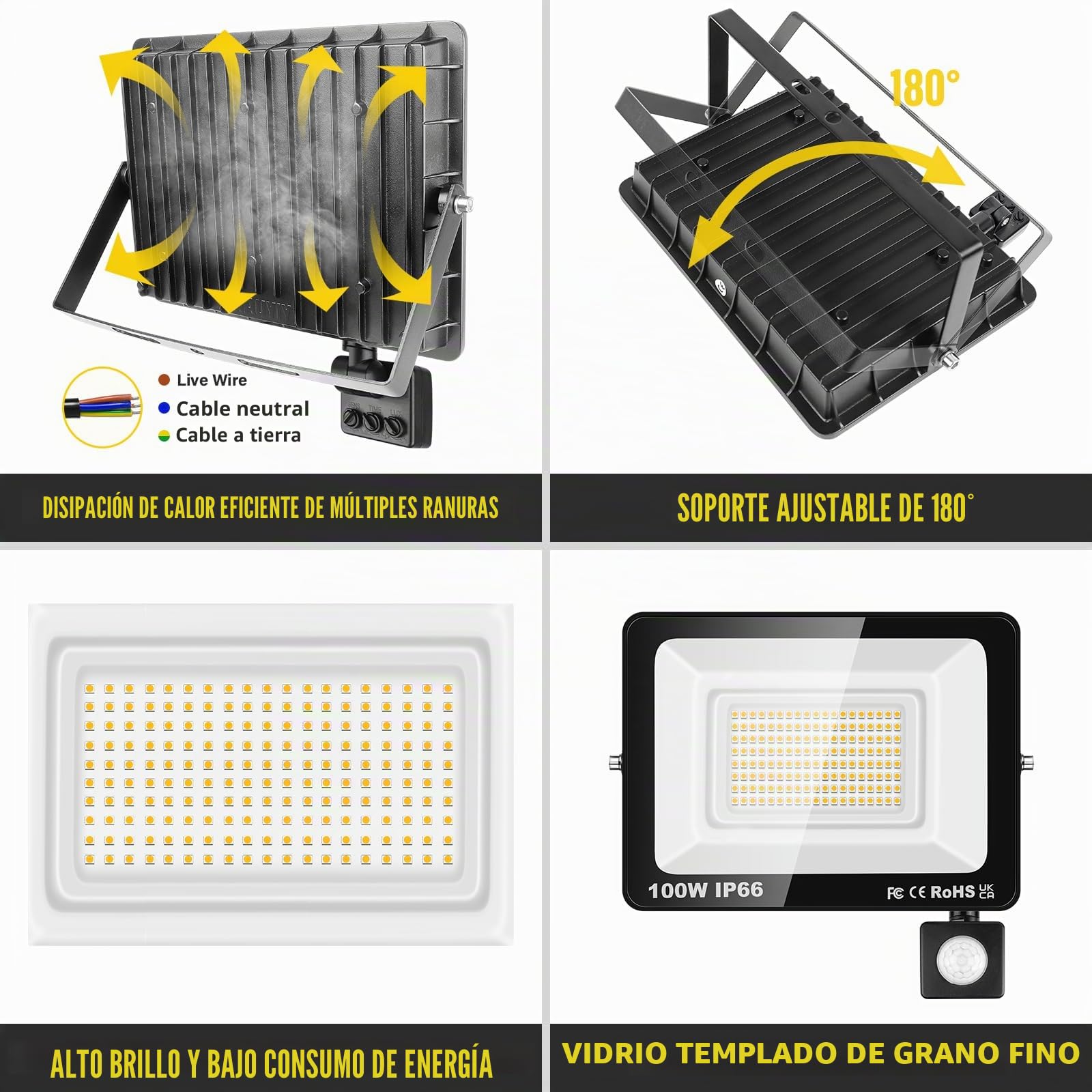 RIGIDON 2x 100W 10000lm focos led exterior con sensor movimiento PIR, 3000K | sin enchufe, blanco cálido, foco proyector, IP66 impermeable, seguridad, floodlight, para patio jardín garaje caminos entrada