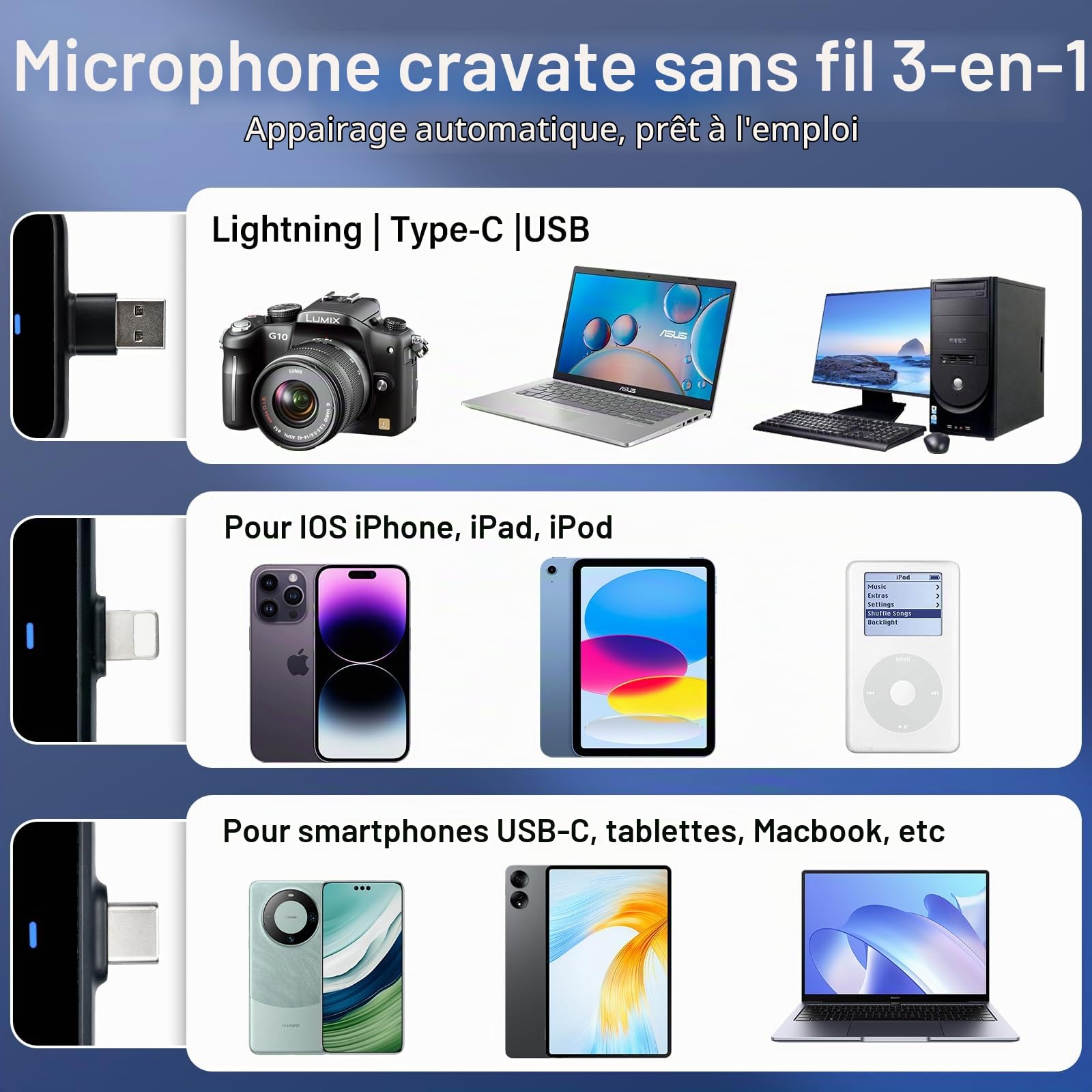 Micro Cravate sans Fil,Professionnel pour iPhone iPad USB, Boîtier de chargement avec écran,Annulation du bruit par DSP -Plug & Play Mini Clip-on Microphone Lavalier,pour Enregistrement Vidéo,Vlogging