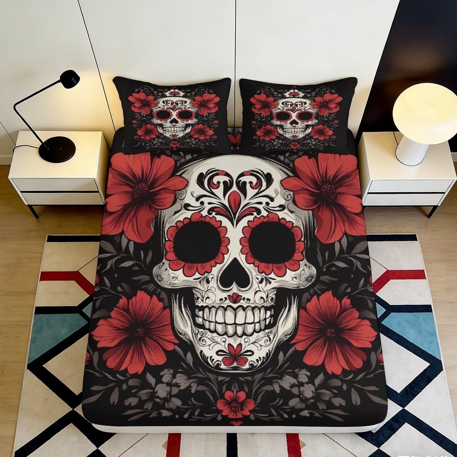 3D Printed Sugar Skull Fitted Sheet Microfiber Red Floral Skeleton Mattress Cover for Bedroom Dorm Protective Decor 90x200x25cm