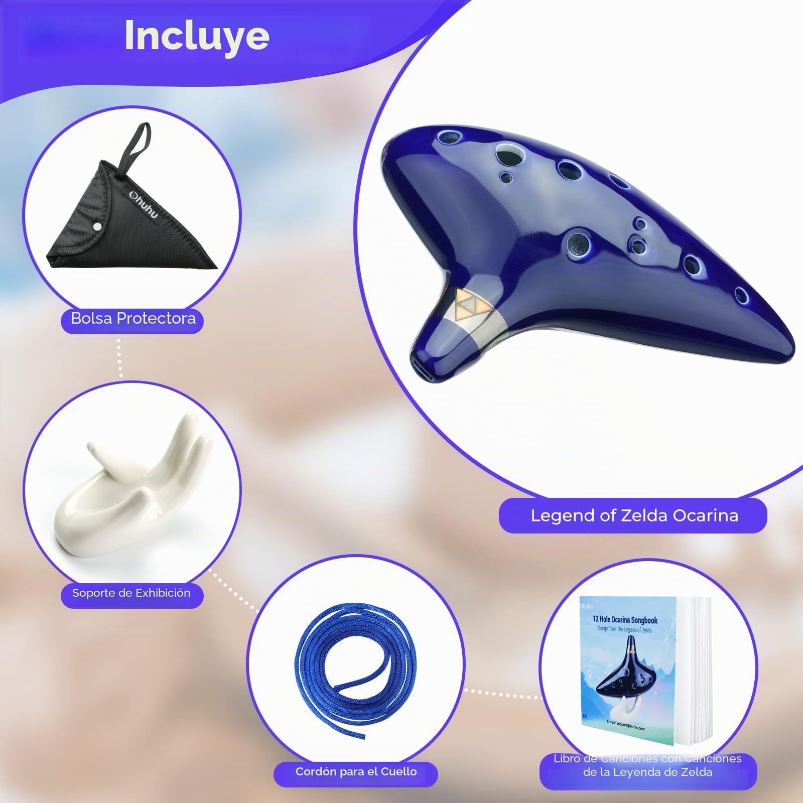 Ohuhu Ocarina 12 Agujero Ocarina de Cerámica, Leyenda de Zelda Alto C Zelda Ocarinas Instrumento con Soporte Blanco, Cuerda, Bolsa & Instrucciones Azul