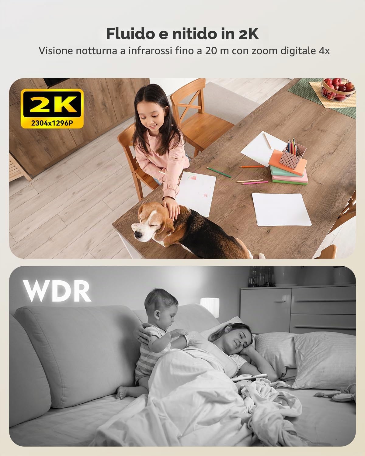 Ctronics 2K Telecamera Interno Senza Fili a Batteria | WiFi 5G/2.4GHz, Visione Notturna IR 20m, 128GB/Cloud, Rilevamento PIR, Audio Bidirezionale, 360° PTZ, Bluetooth