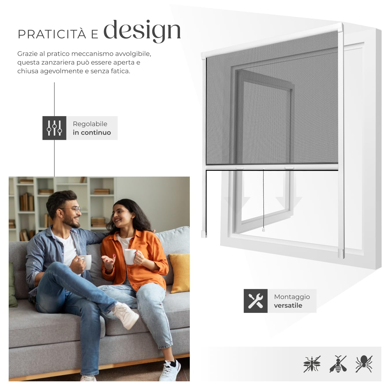 tectake® Zanzariera a Rullo Universale, Cassettone e Profili in Alluminio, Regolabile, Rete UV Resistante, Rullo Avvolgibile, Spazzolini Paraspifferi Inclusi - 110x160 cm