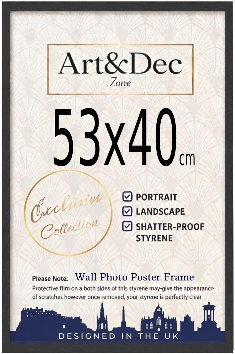 Art & Dec Zone® Sleek Black MDF Picture Frame 53x40 cm Horizontal Durable MDF Poster Frame with Clear Acrylic Protection – Wall Display for Photos, Artwork & Prints