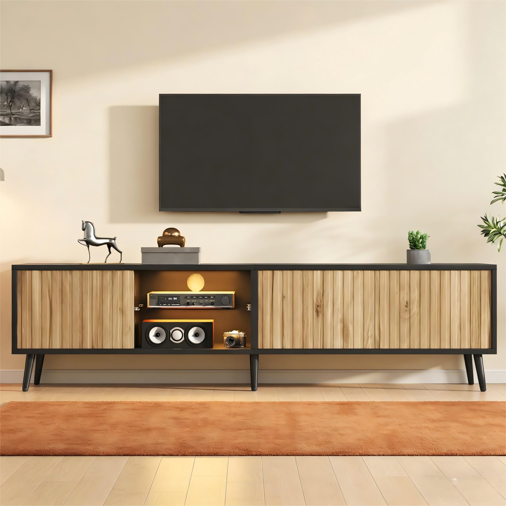 Merax 175cm TV Stand for 75 Inch TV, Mid Century Modern TV Unit with LED Lights, Black & Wood Media Console with Storage,Fluted Door Lowboard with Cable Management, Entertainment Unit for Living Room — image 1