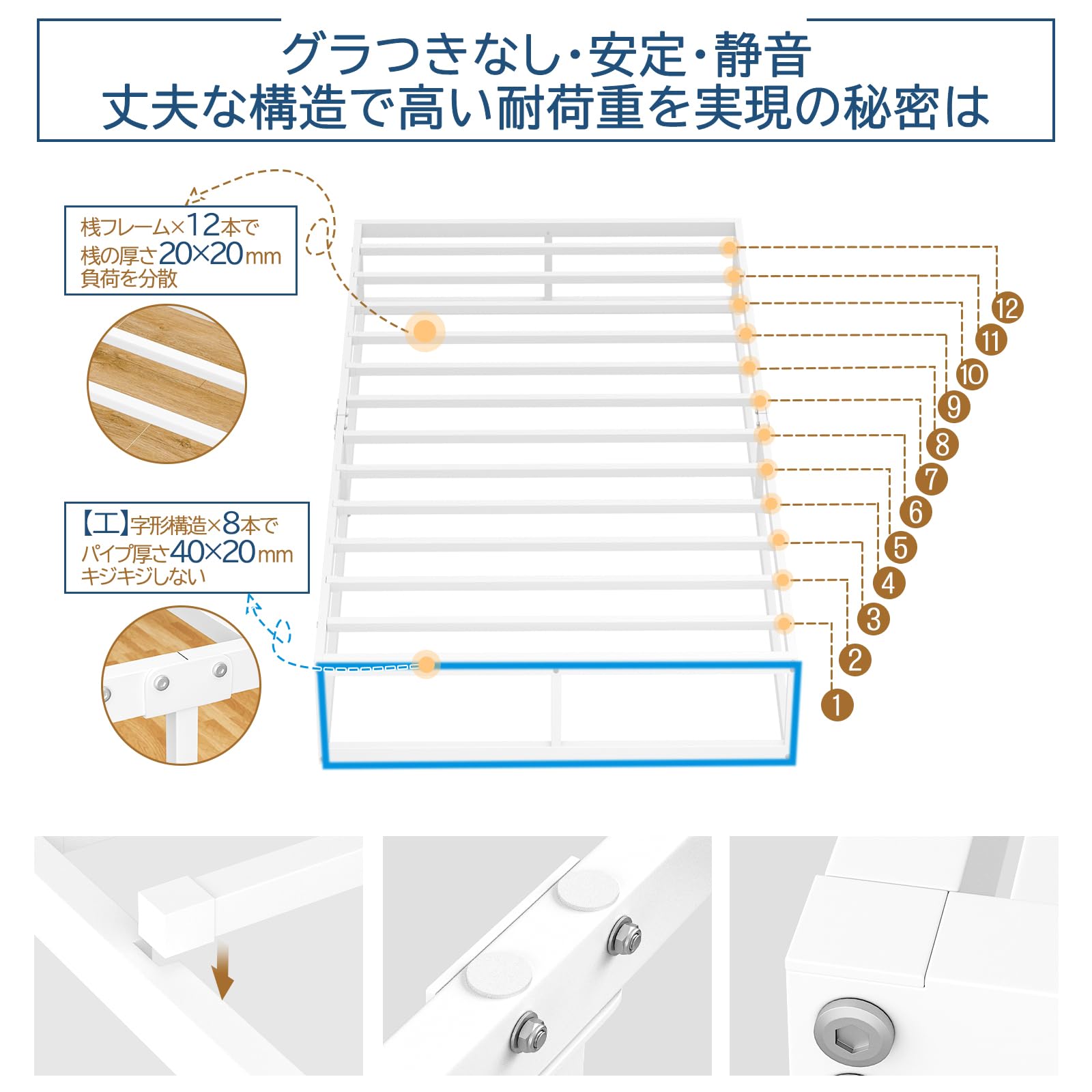 Amazon｜[耐荷重300kg] ベッドフレーム シングル 白 Holdm パイプ