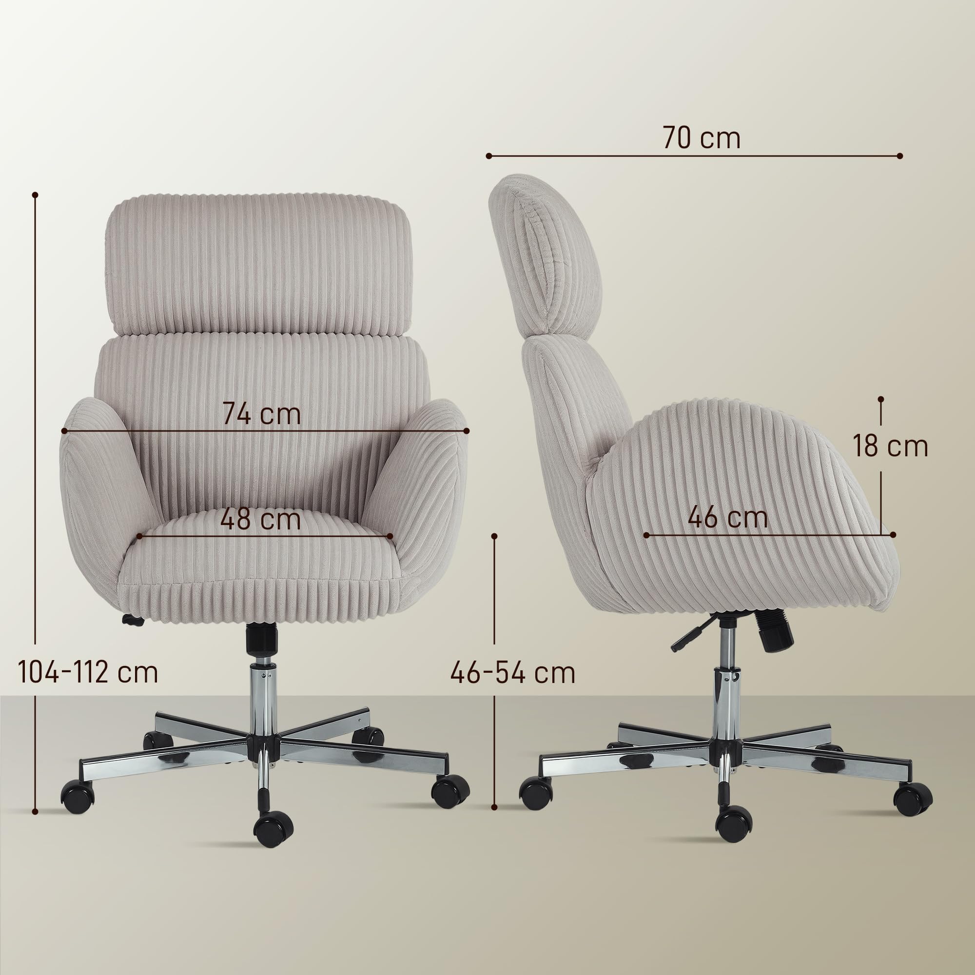 HOMCOM Silla de Oficina Piernas Cruzadas Reposabrazos Respaldo Alto Gris | Silla de Escritorio, Reposacabezas Regulable, Ruedas, Altura Ajustable, Giratoria, Función Basculante, Tapizada en Pana