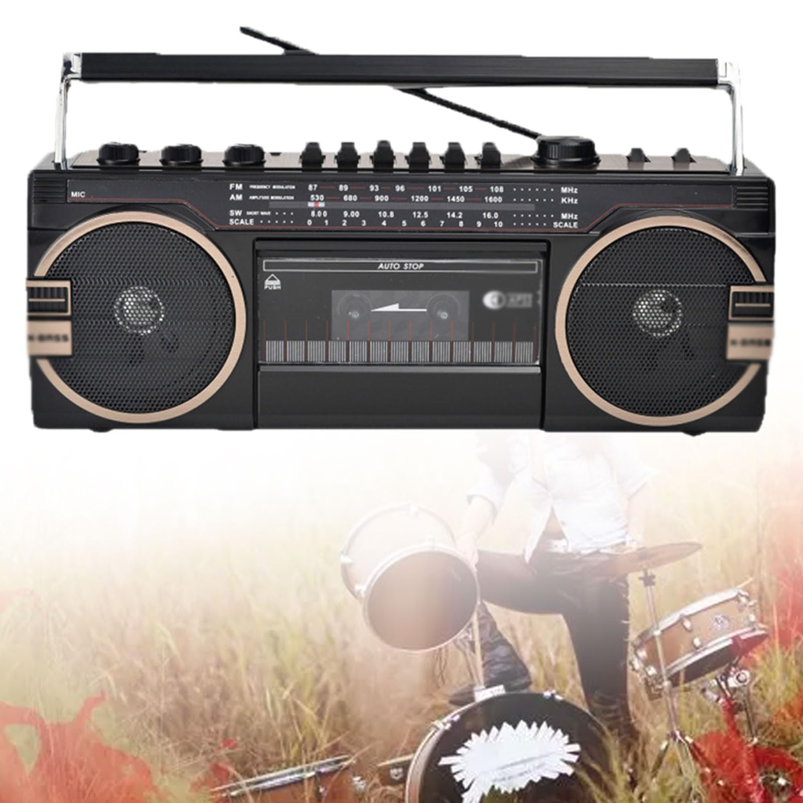 Boombox Bluetooth portable lecteur CD cassette avec connectivité Bluetooth, carte SD/TF/USB/casque de lecture, design vintage pour les réunions de famille et les voyages