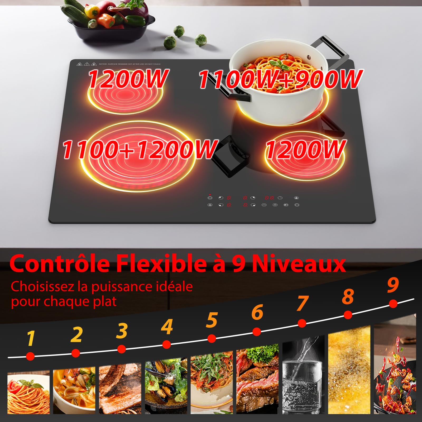 Plaque de Cuisson Électrique 60cm 4 Foyers 6700W Tactile