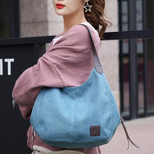 Miniatura 2 de Dourr Bolso para hombro para mujer, con múltiples bolsillos, bolso de mano moderno de lona de algodón