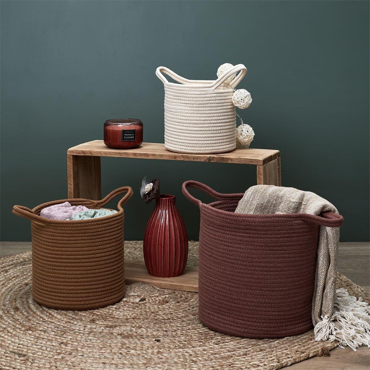 AltoBuy Lot de 3 Paniers Tressés Terracotta Marron et Blanc Crème - Brenda