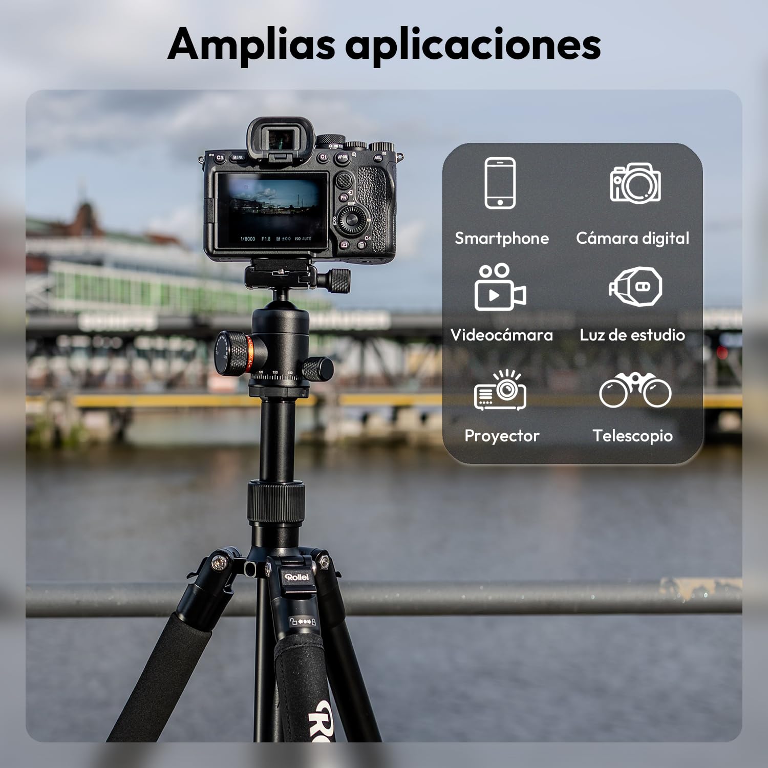 Rollei C5i Tripode Camara Nergo 158cm Trípode Cámara de Viaje en Aluminio | Tripod Ligero con Función Monopié Carga 8kg con Soporte para Movil y Cabezal Esférico 360° Tripode para DSLR y Smartphone