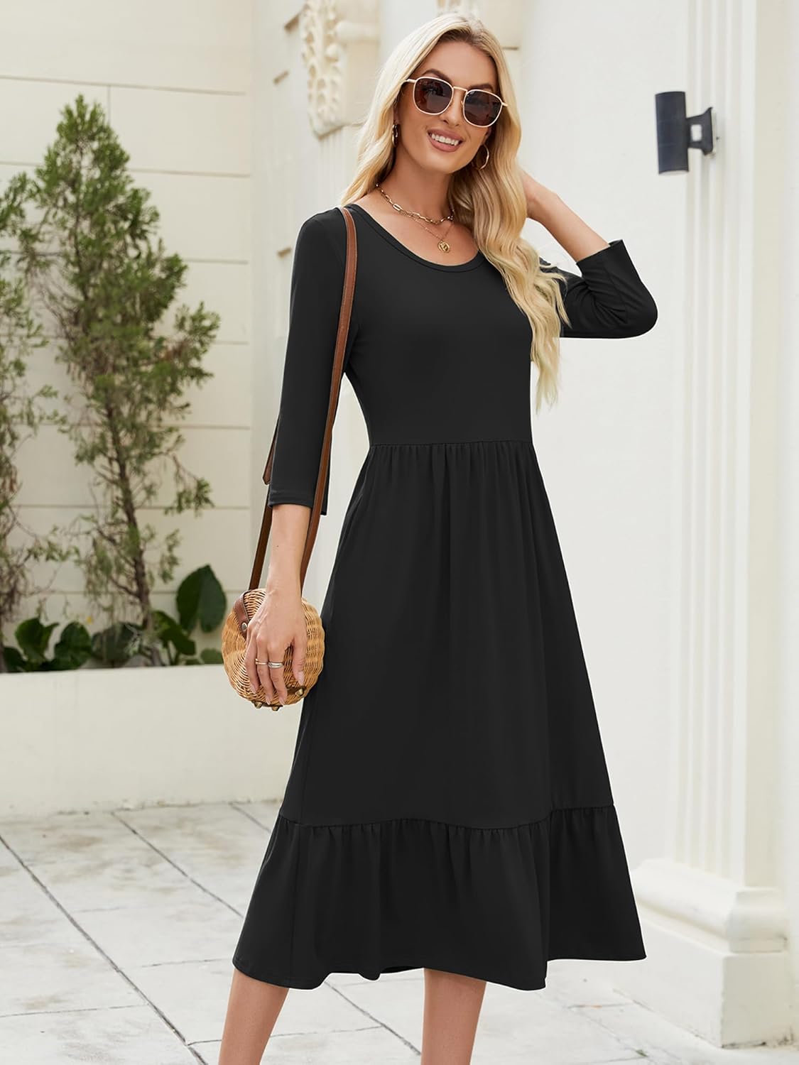 Heymoments Women's Casual 3/4 Sleeve Midi Dress Crewneck A line Tiered Flowy Loose Beach Travel Long Dresses with Pockets - Image 6