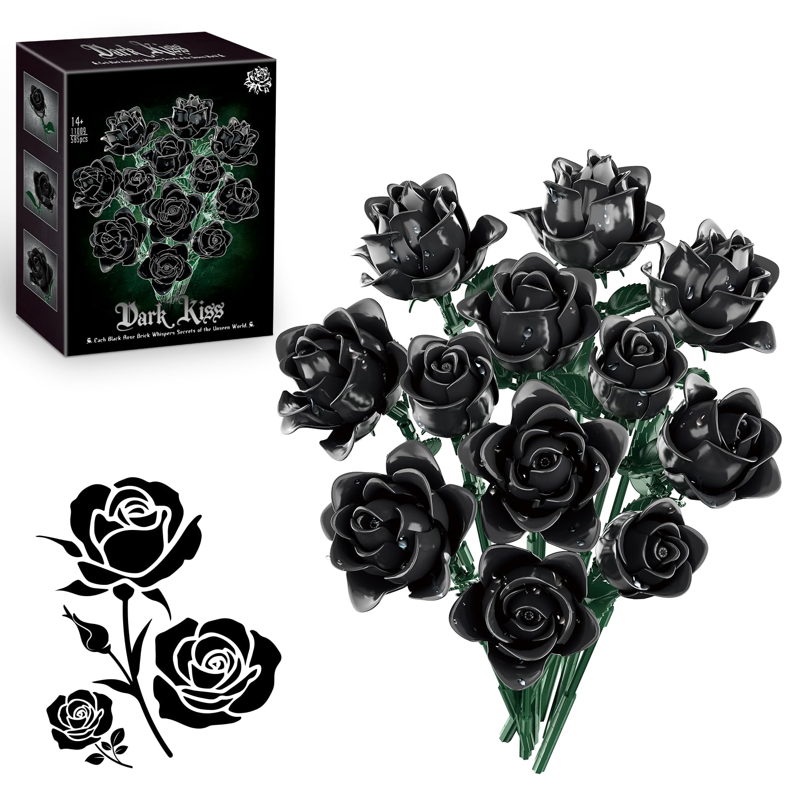 Black Roses Bouquet Building Set, Artificial Flowers Botanical Collection Blocks Kit DIY Fake Roses for Adults Women Mother's Day Girlfriend Gifts - Gothic Home Decor