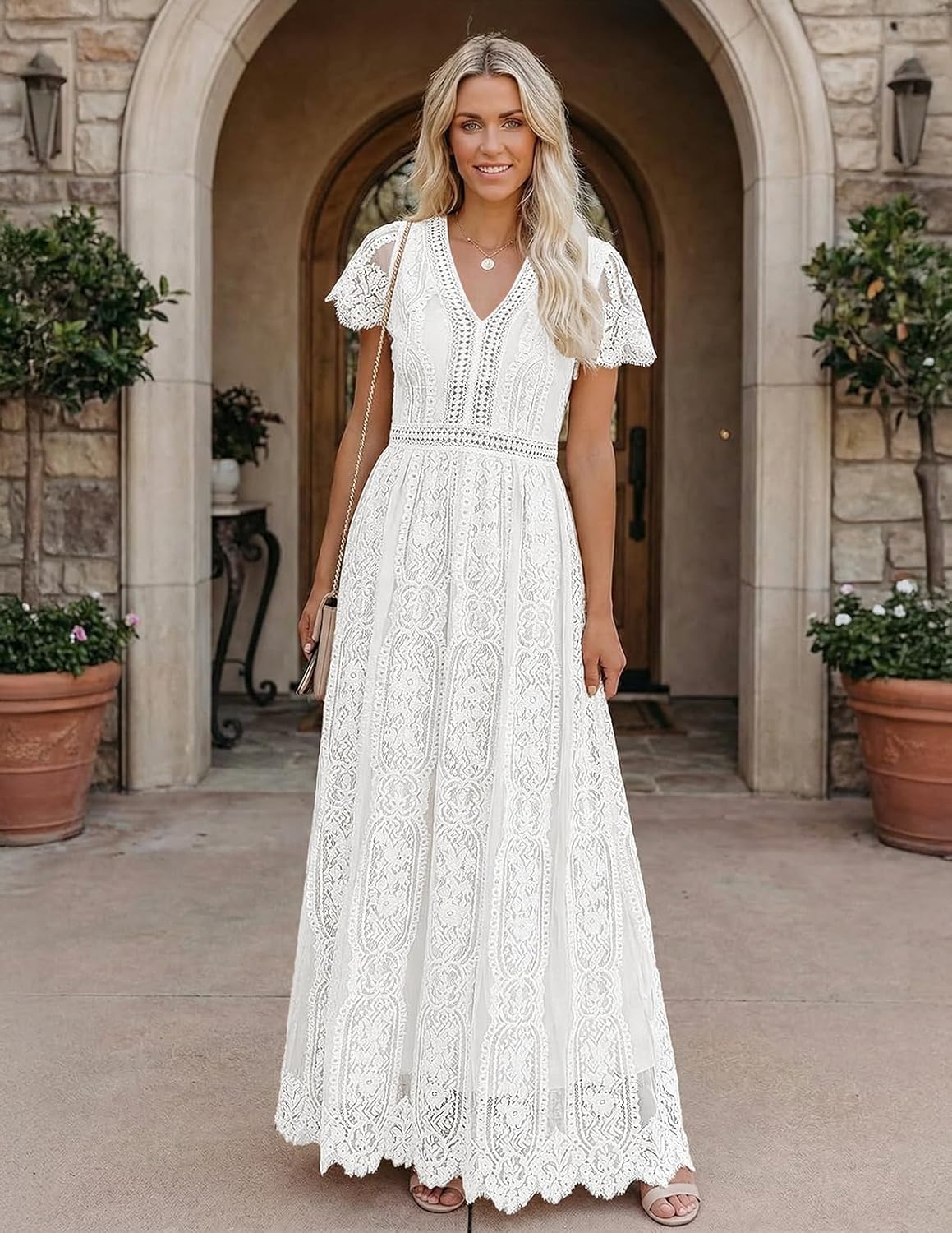 MEROKEETY Women's 2026 V Neck Short Sleeve Floral Lace Wedding Dress A Line Boho Bridesmaid Cocktail Party Maxi Dress