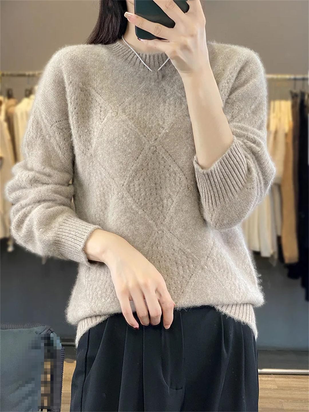 Vogrtcc Maglione da Donna Autunno Inverno O-Collo Pullover Cavo Maglieria Casual in Lana E Cashmere