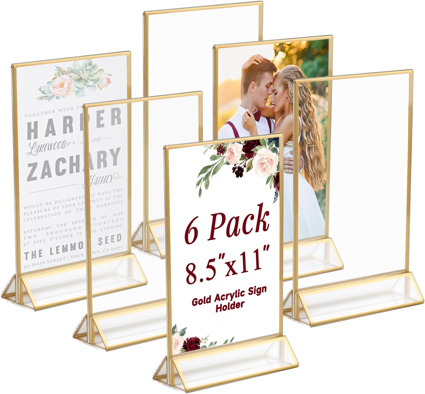 Acrylic Sign Holder 8.5x11 Inch with Gold Borders, 6 Pack Gold Picture Frames for Wedding, Double Sided Table Number Holders Menu Holders, Acrylic Stands for Display, Restaurant Signs