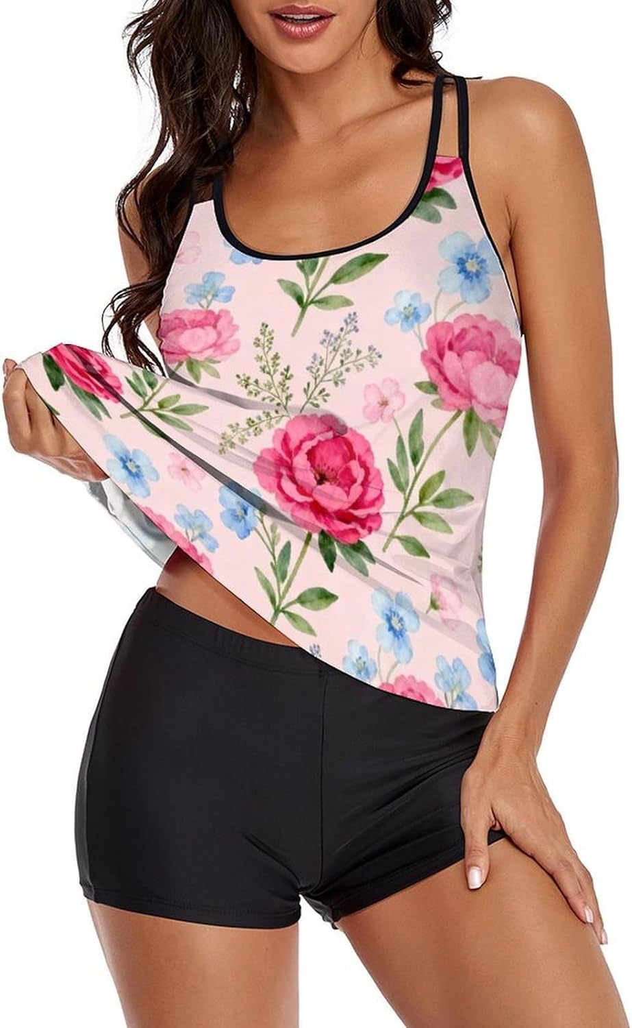 Women's Modest Tankini Bathing Suits, Tummy Control Tankini Top with High Waisted Shorts