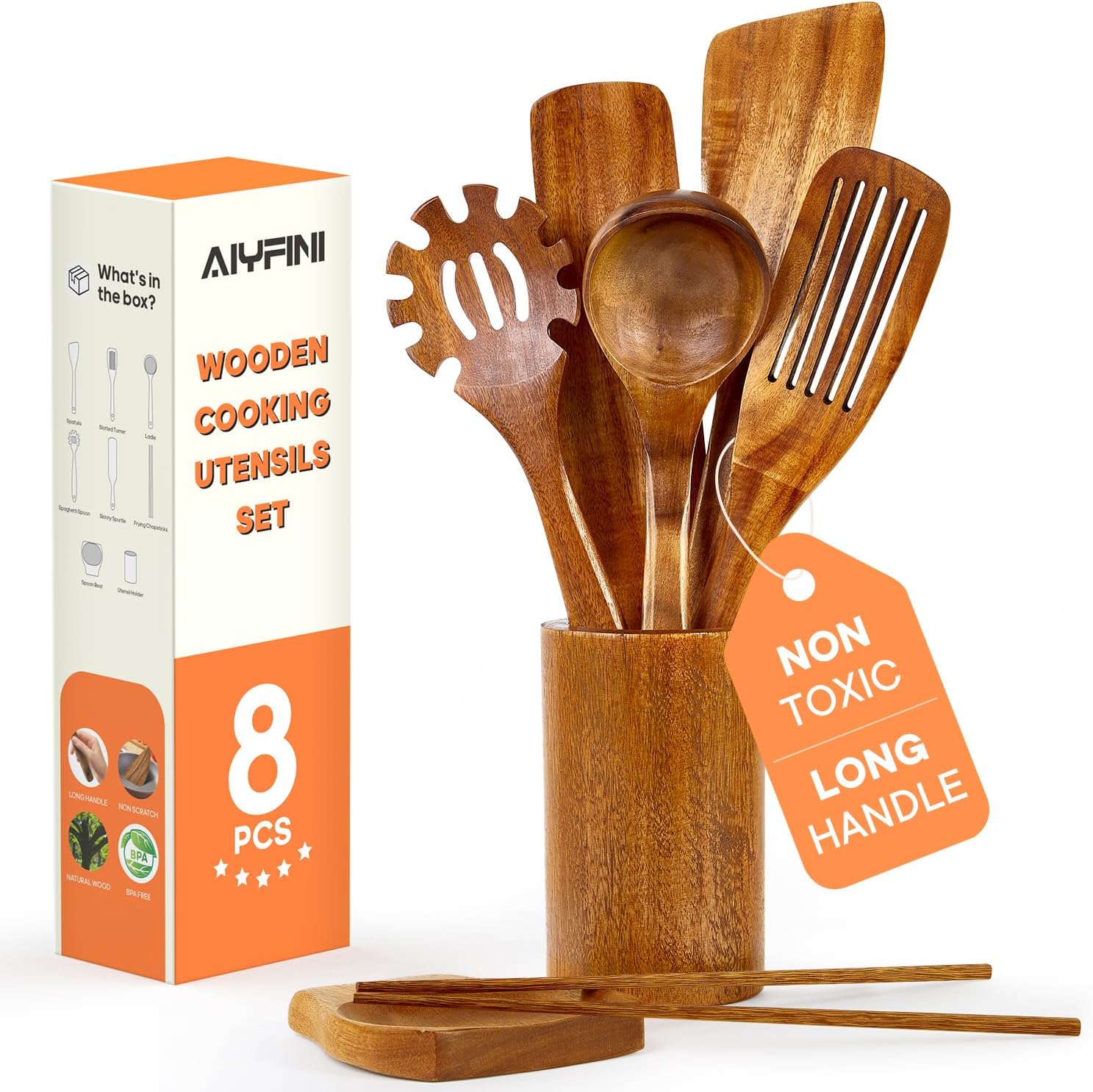 Non-Toxic Wooden Utensils for Cooking – Natural Acacia & Glue-Free,15.4″ Large Spatula Set, Long Handle for Scald-Resistant, Wood Kitchen Spoons/Chopsticks/Holder, for Non Stick Frying Pans by ALYFINI Non-Toxic Wooden Utensils for Cooking – Natural Acacia & Glue-Free,15.4″ Large Spatula Set, Long Handle for Scald-Resistant, Wood Kitchen Spoons/Chopsticks/Holder, for Non Stick Frying Pans by ALYFINI