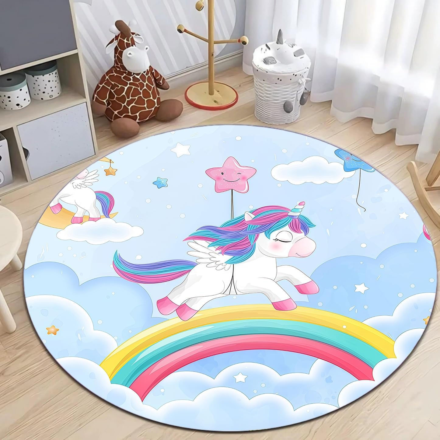 Tapis doux imprimé animaux multicolores rond de 130 cm pour descente de lit