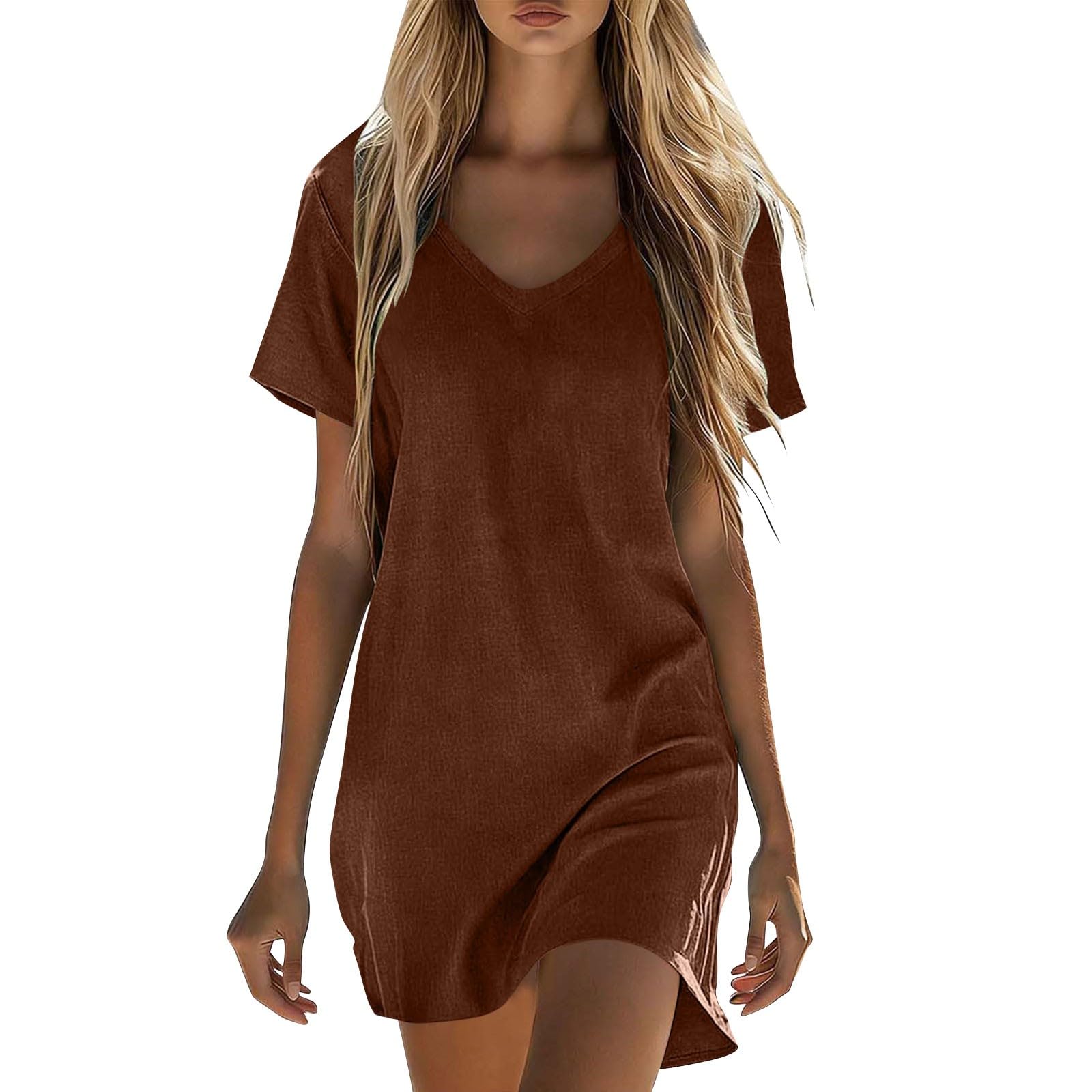 RLEHJN Sommerkleid Damen Midi,Baumwolle Leinen Kleid Kurzarm Saum Taille Freizeitkleid V-Ausschnitt Sommerkleid Damen Leicht und Luftig Casual Strandkleid Einfarbig Midikleid Tshirt Kleid S-5XL