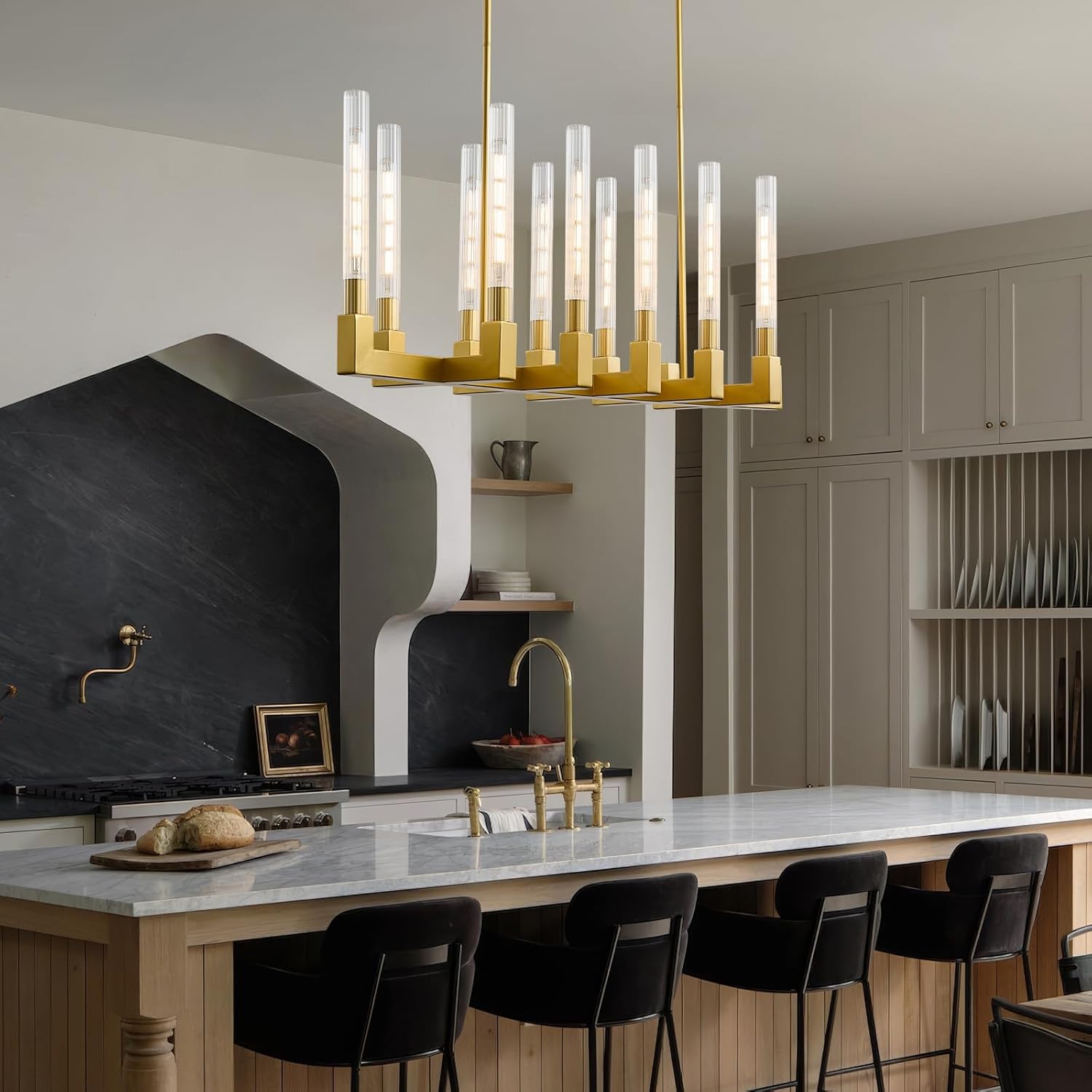 Gold Farmhouse Dining Room Chandelier: 54" Modern Linear Rectangle Dining Room Light Fixture - Long Glass Metal Pendant Chandeliers for Kitchen Island - Large Lighting over Kitchen Table Living Rooms