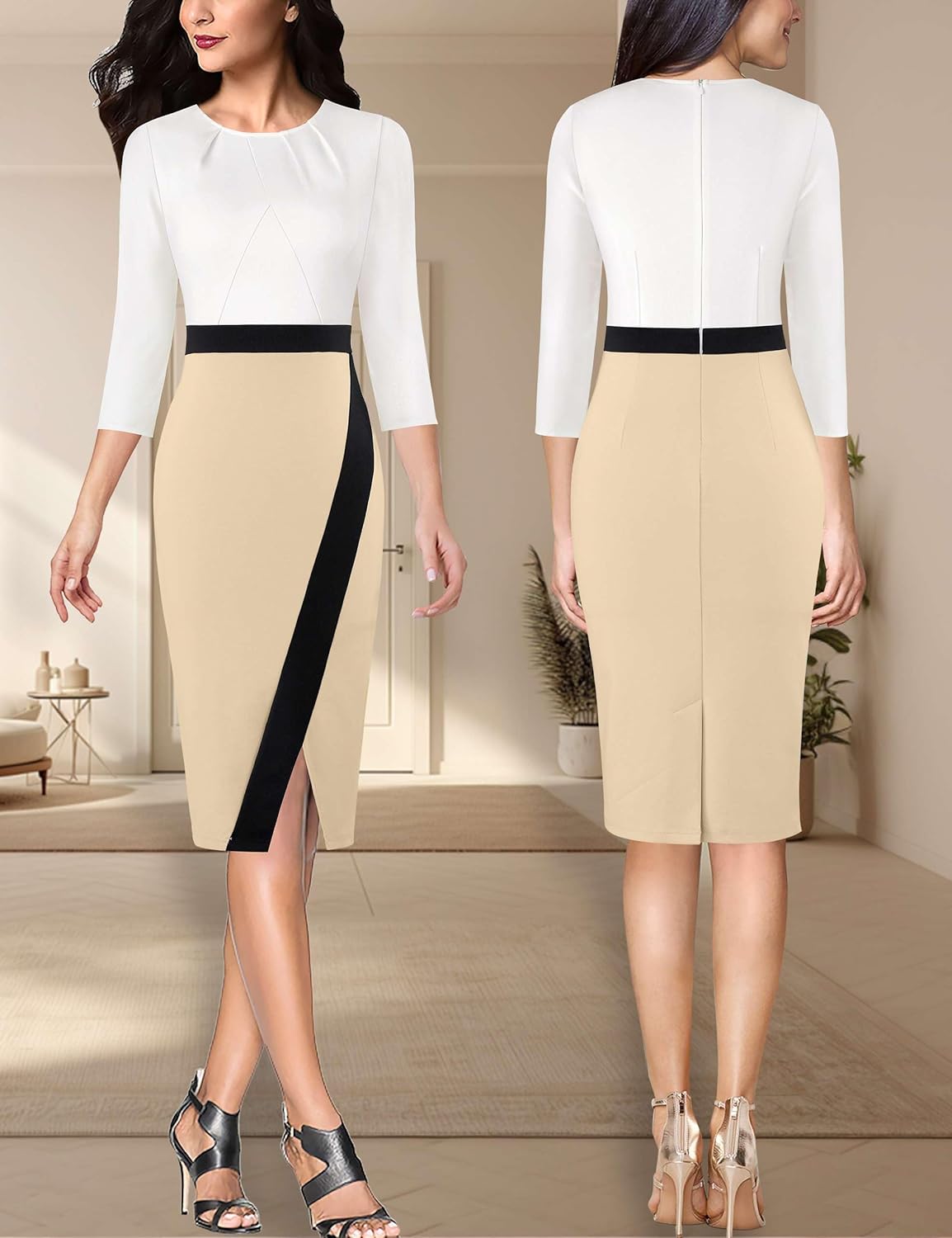 VFSHOW Womens Pleated Crew Neck Front Slit Work Business Office Bodycon Sheath Pencil Dress - Image 2