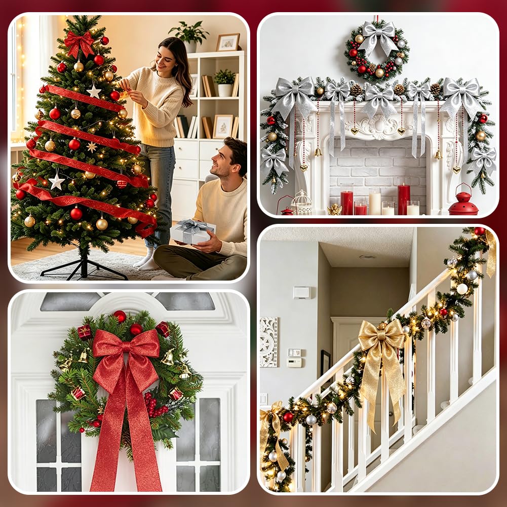 PH PandaHall 36.6m Nastro Natale 4 Colori Nastro con Glitter, 63mm Nastri Argento Oro Verde Rosso per Ghirlande di Natale e Confezione Regali, 9.14m/Colori