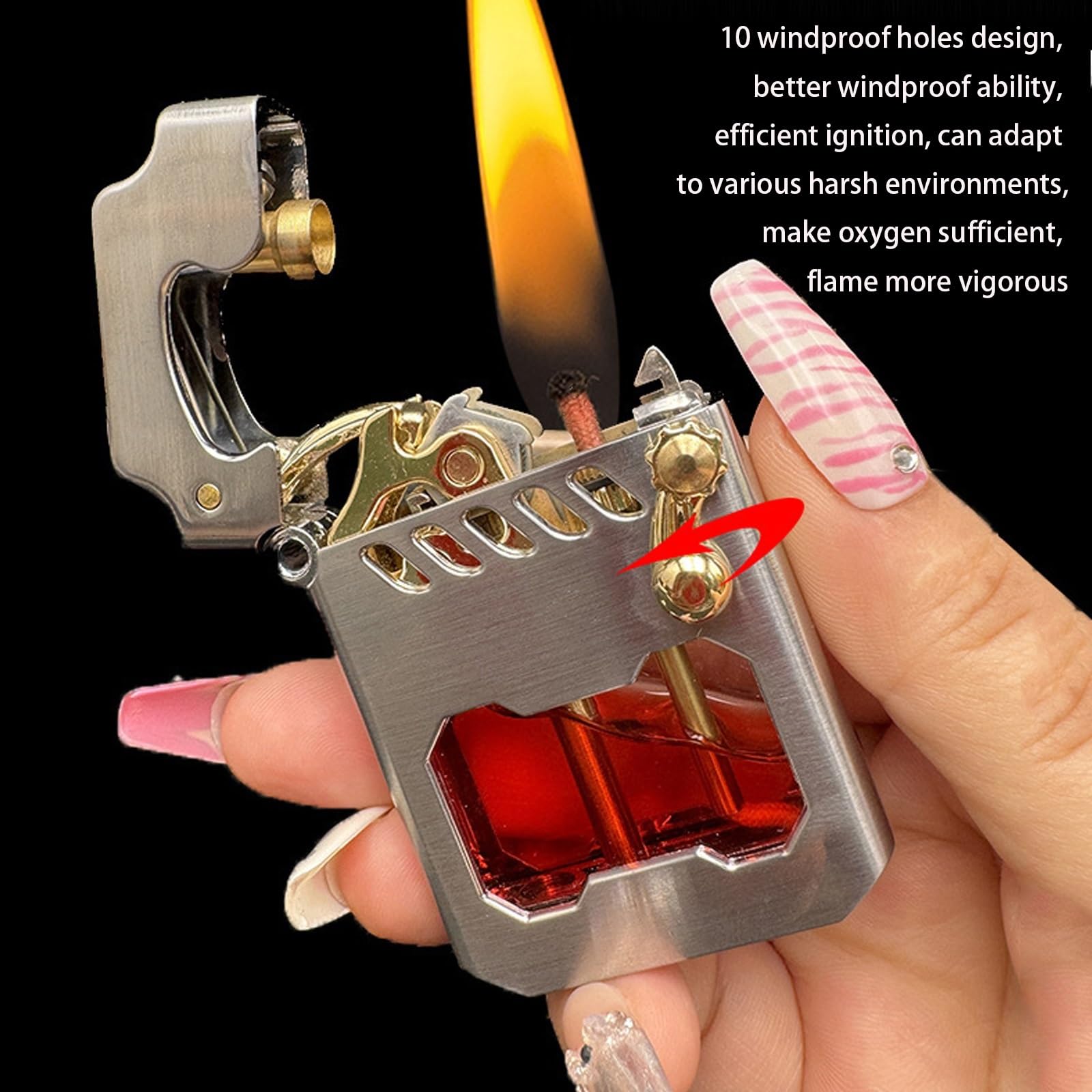 Windproof Old-fashioned Kerosene Lighter Refillable Lighter Pure Copper with Rocker Ignition visual fuel window Leak-proof Oil(Black)