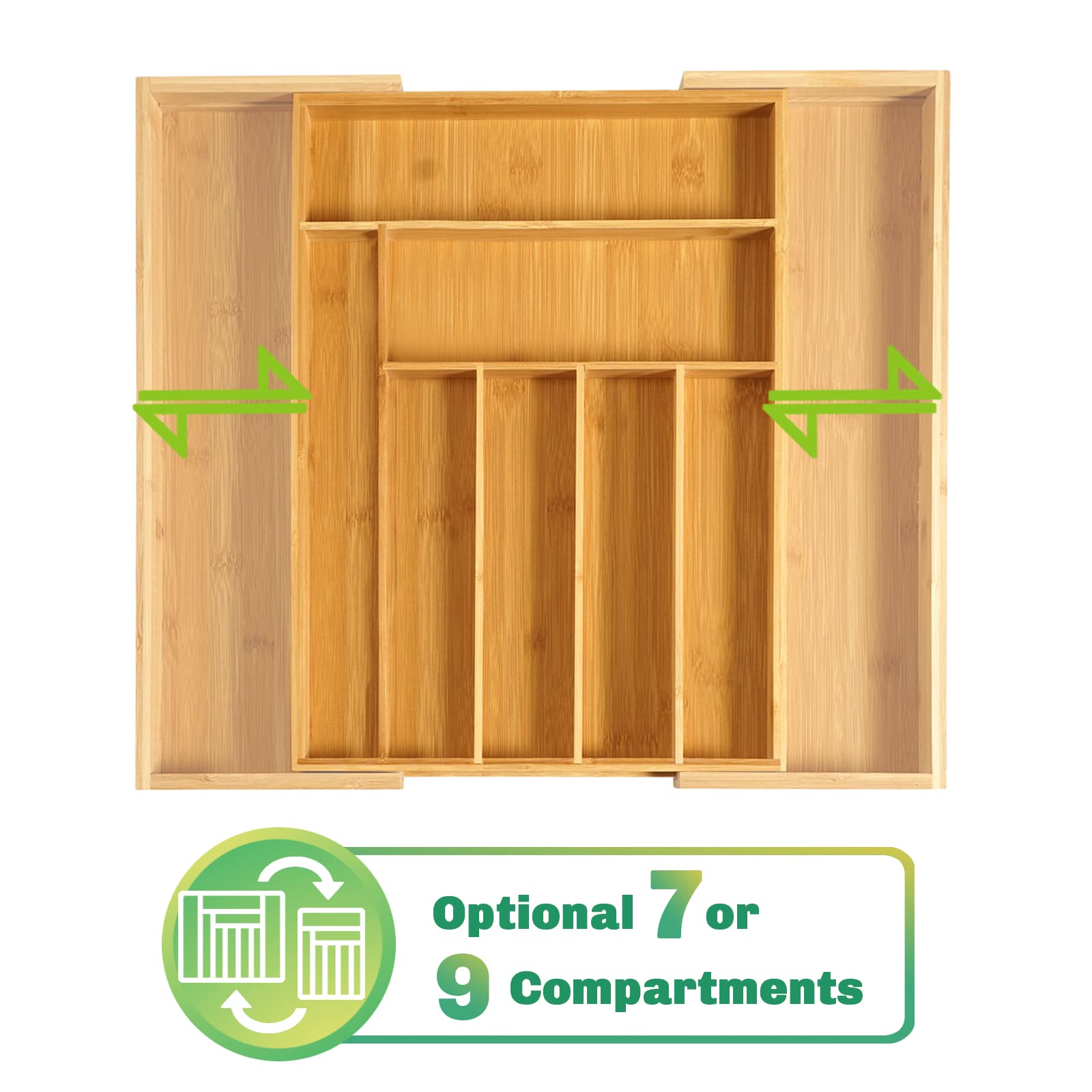JOYBOY Caja de cubiertos de bambú,Organizador de Cubiertos de Madera+1 cepillo de limpieza,Bandeja para cubiertos con 7 a 9 Compartimentos,Cubertero Ajustable 32-52 * 41 * 5cm