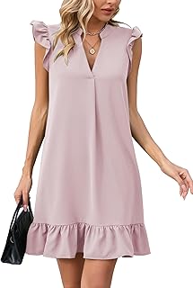 Famulily Damen Sommerkleider Knielang Solide V-Ausschnitt Tunikakleid Rüschenbesatz Cap Sleeve Mini Blusenkleid S-XXL