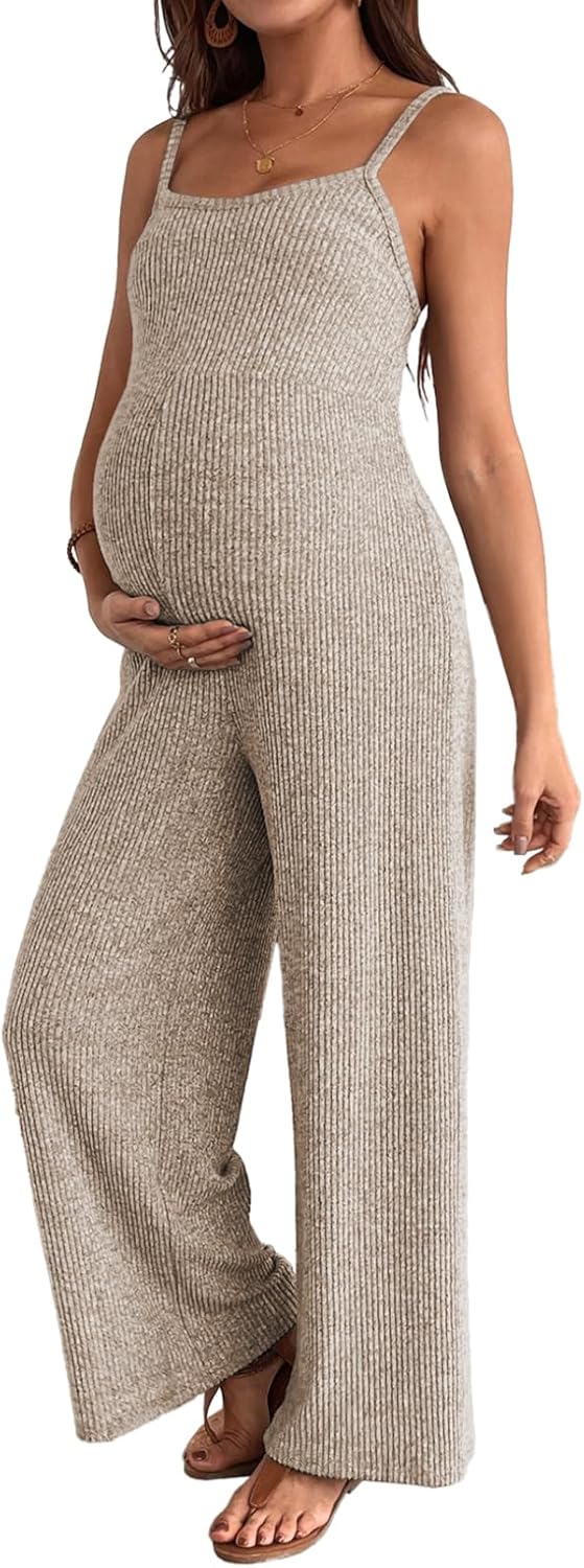 BLENCOT Maternity Ribbed Jumpsuit Sleeveless Square Neck Wide Leg Stretchy One Piece Romper