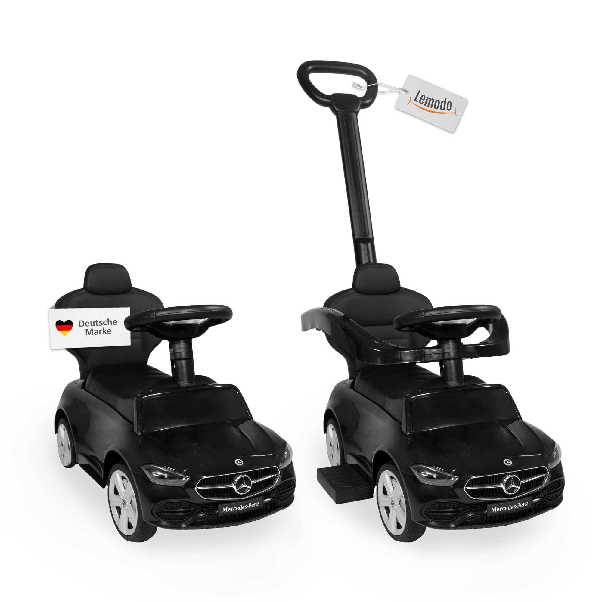 Lemodo Rutschauto schwarz ab 1 Jahr – Rutscherfahrzeug Kinderfahrzeug mit Schiebestange und Sicherheitsbügel, Rutscherauto mit Staufach und Sound-Lenkrad, Lizenziertes Kinderspielzeug von Mercedes
