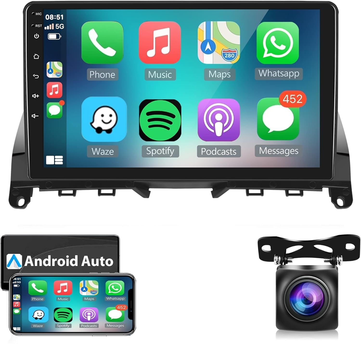 Android Screen For Mercedes Benz C Class W204 S204 2007 To 2014 4GB RAM 64GB ROM Mirror-Link Wi-Fi BT, Radio GPS Navigation, 9 Inch IPS Touch Screen with AHD Camera (4+64G With Apple Carplay)