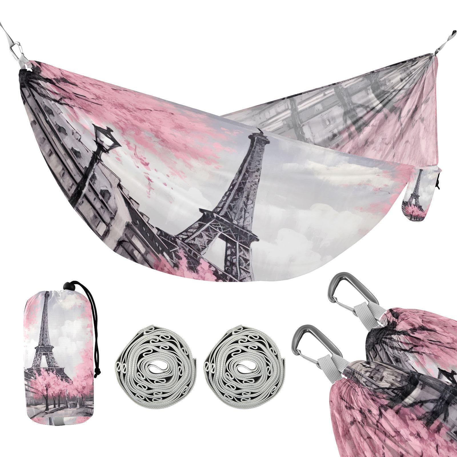 Haskirky Paris Eiffel Tower Camping Hammock, Single Portable Hammocks with Tree Straps & Attached Carry Bag, 330Lbs Capacity Perfect for Outside Indoor Hiking Beach Backpack Travel