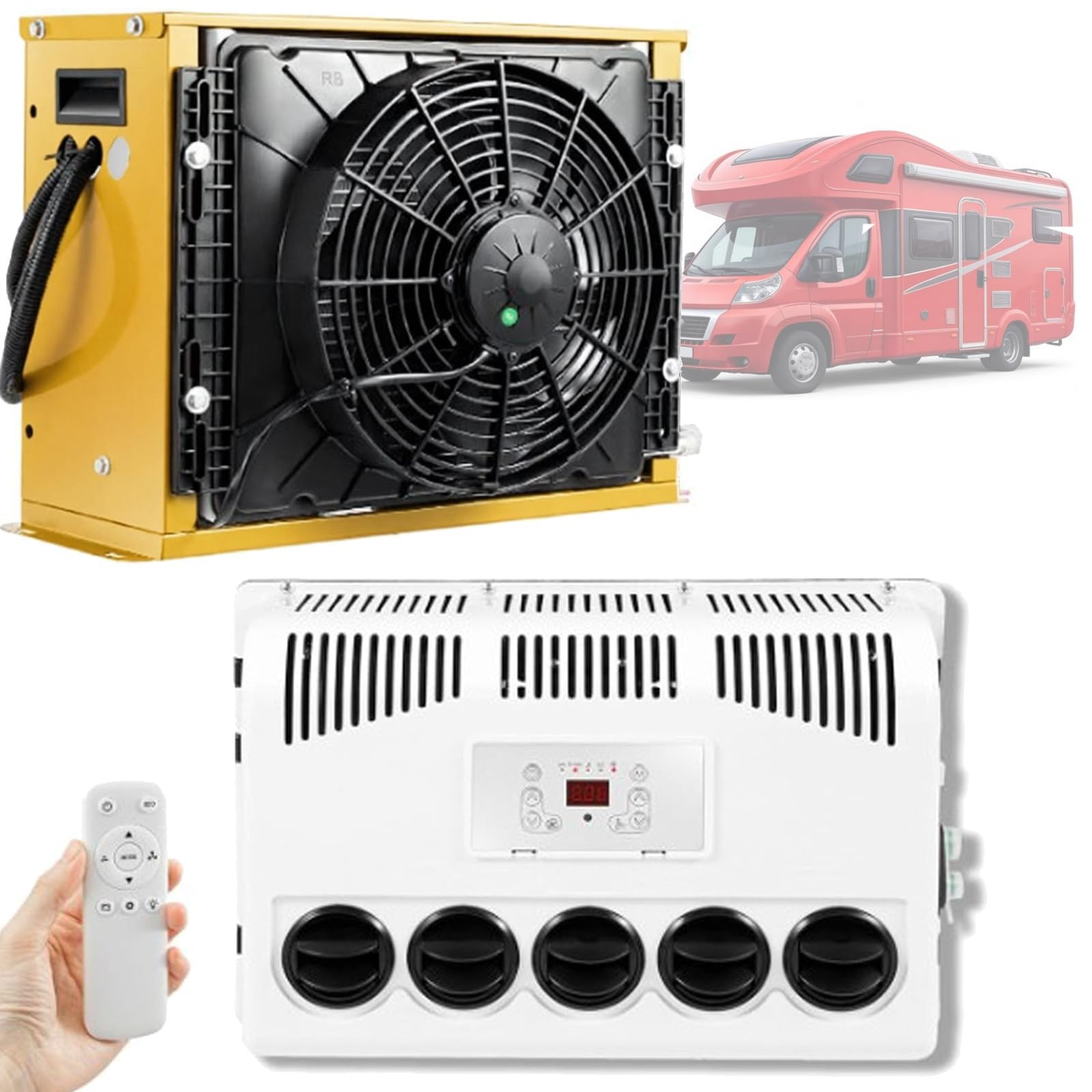 Quixnova 12V/24V Electric Split Air Conditioners for Rvs, Trucks, Construction Vehicles, Excavators, Harvesters, RV Truck Cab Air Conditioner Split Air Conditioner - Remote Control Yellow-24V