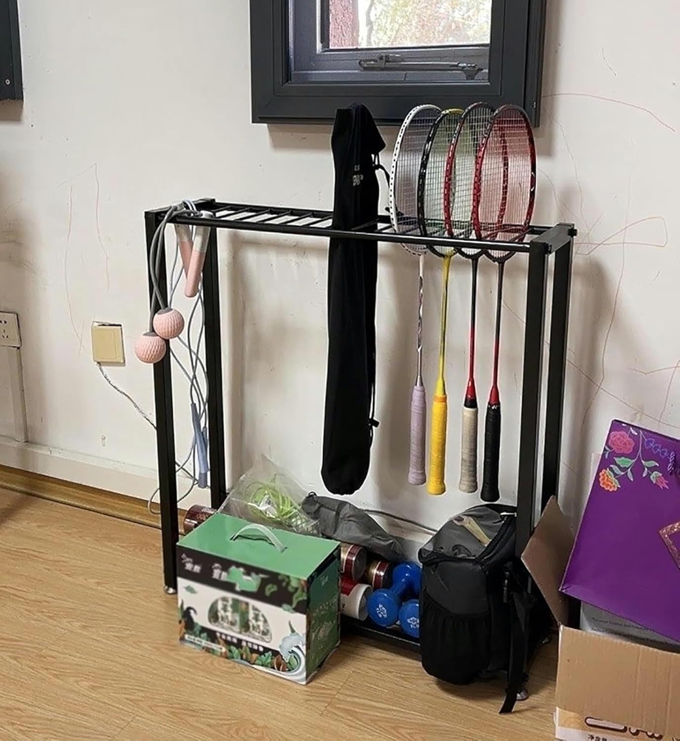 Sports Ball Storage Stand Racquet Organizer Cart for Tennis Racket & Badminton Racket, Large Capacity Upright Sports Equipment Holder Rack with Wheels