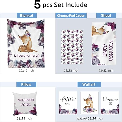 Miniatura 7 de Juego de ropa de cama personalizado para cuna para niñas, juegos de cuna personalizados con nombre, ropa de cama de guardería de ciervos florales